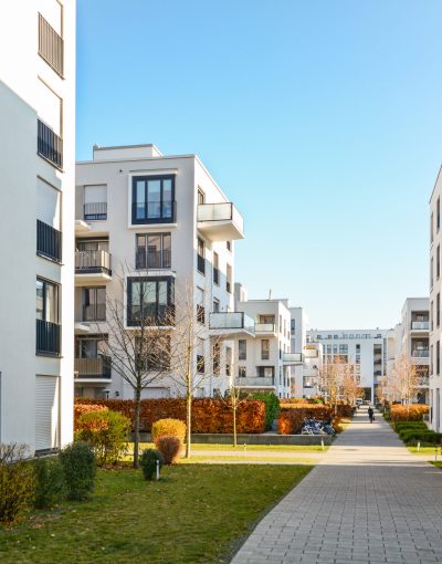 Modern apartment buildings in a green residential area in the ci